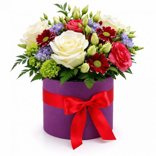 Цветы в шляпной коробке «Яркий акцент»