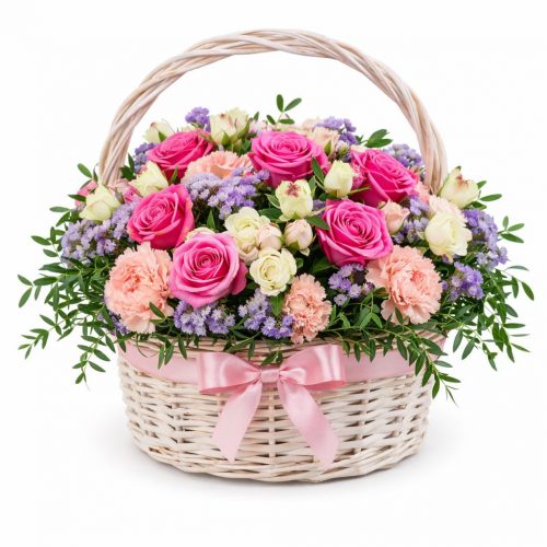 Цветочная композиция в корзине «Розовая фантазия»